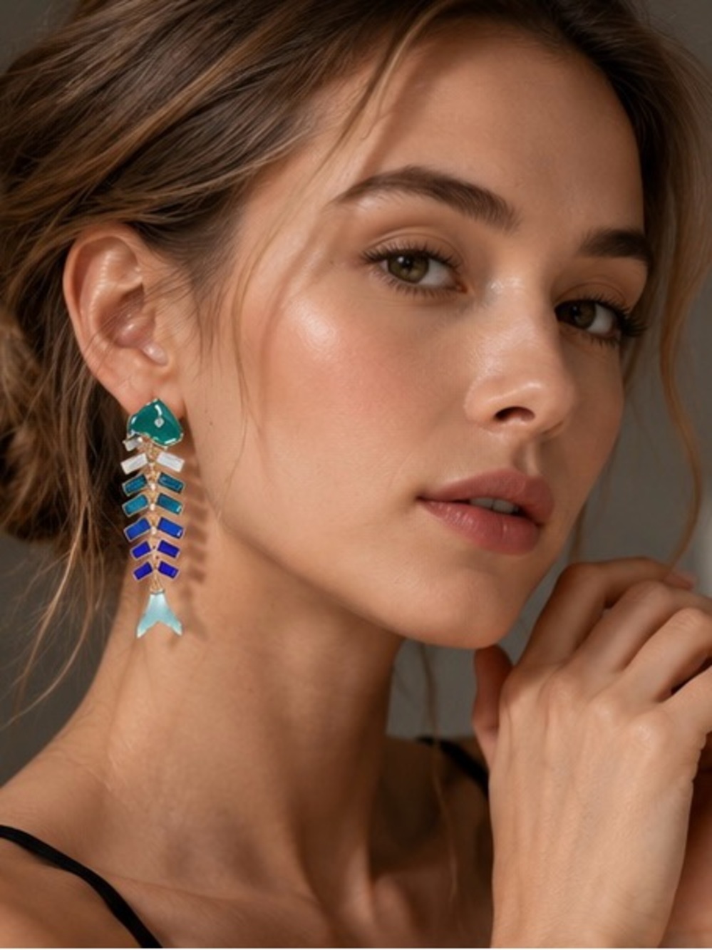Teal & Blue Enamel Fishbone Drop Earrings - Women Jewelry